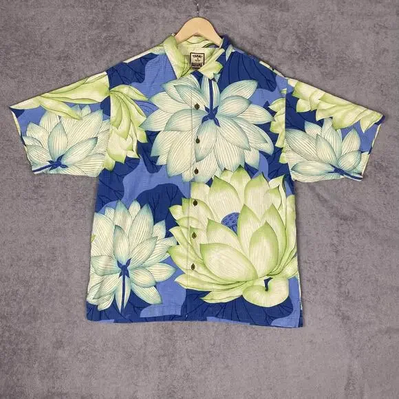 Tommy Bahama Hawaiian Shirt Men L Green Blue Floral 100% Silk Resort Vacation - Picture 1 of 16